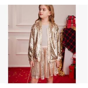 NEW Grace Karin Girls Gold Sequin Bomber Jacket Zip Front Size 14 Party Holiday